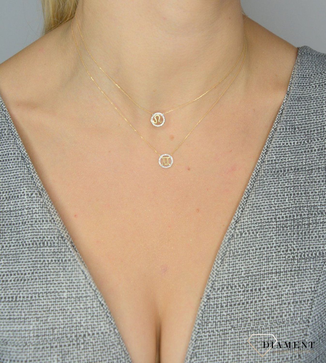 Złoty naszyjnik z brylantami znak zodiaku Bliźnięta N07643YC.jpg