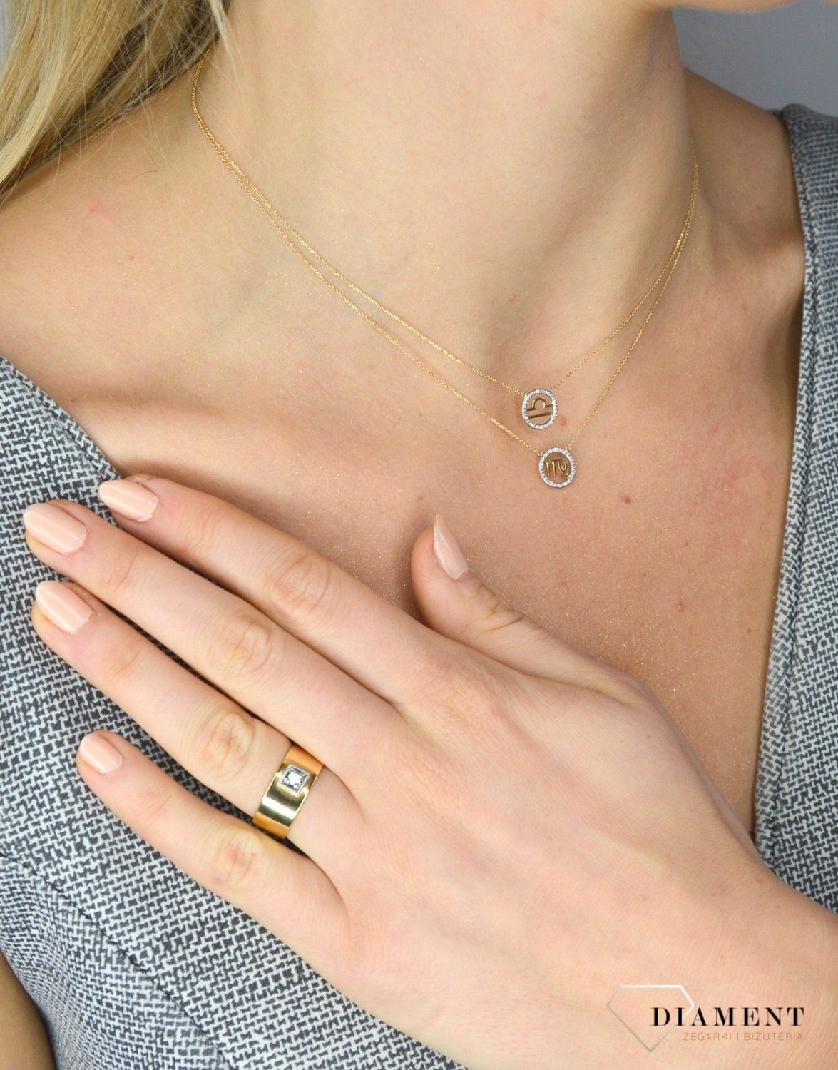 Złoty naszyjnik z brylantami znak zodiaku Waga N07646YC.jpg