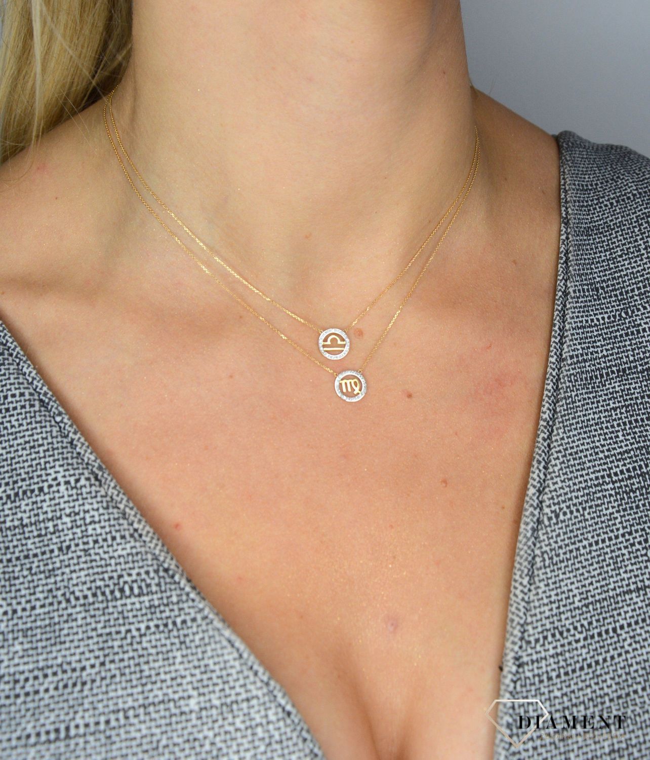 Złoty naszyjnik z brylantami znak zodiaku Waga N07646YC.jpg