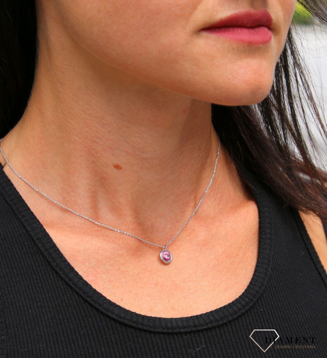 Naszyjnik Swarovski srebrny Urodzinowe Kamienie Pink Turmaline Okrągła zawieszka kolor Rose NB1122SS29R.jpg