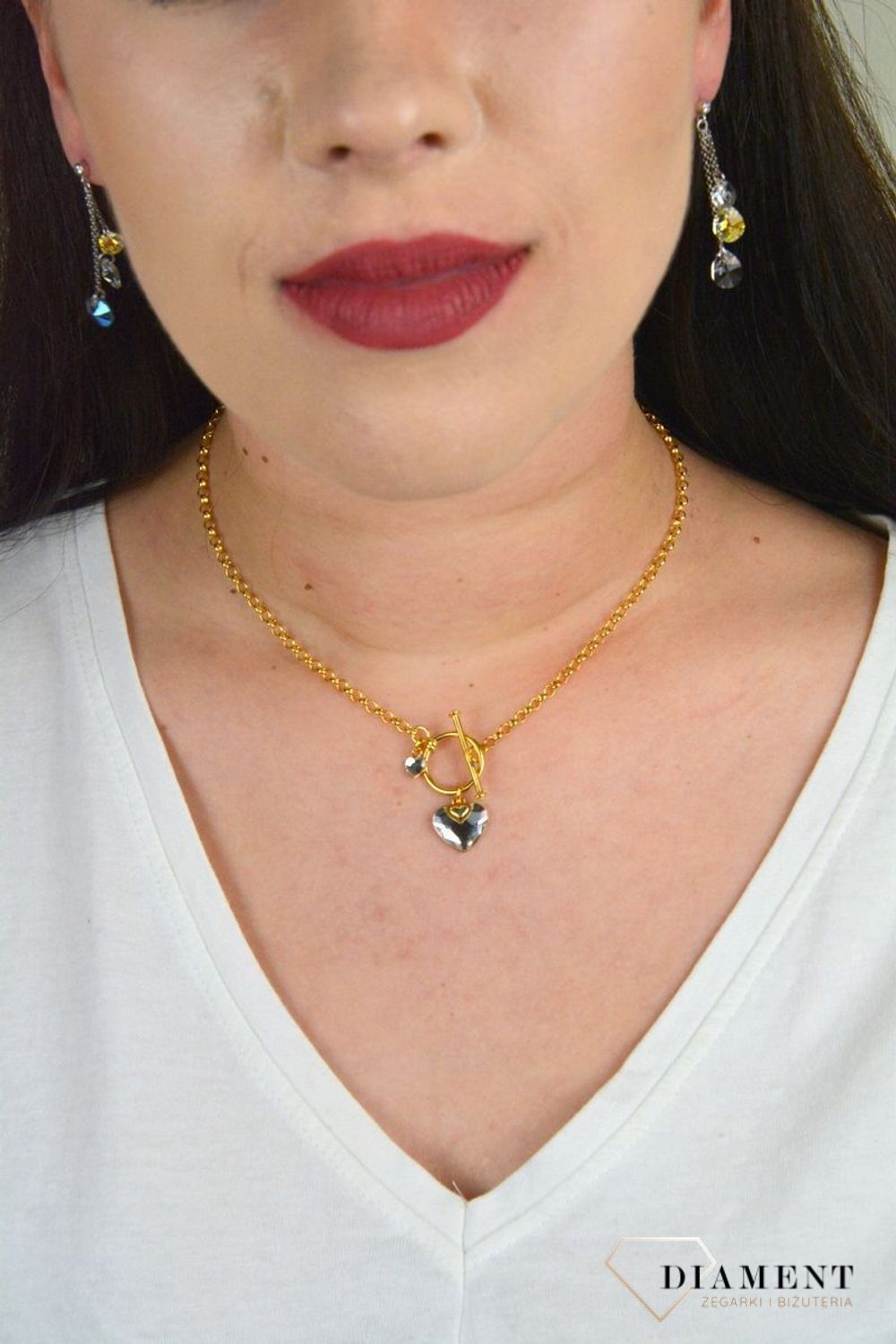 Srebrny naszyjnik pozlacany z zawieszkami w kształcie serca w kolorze Crystal NDG28082C.jpg