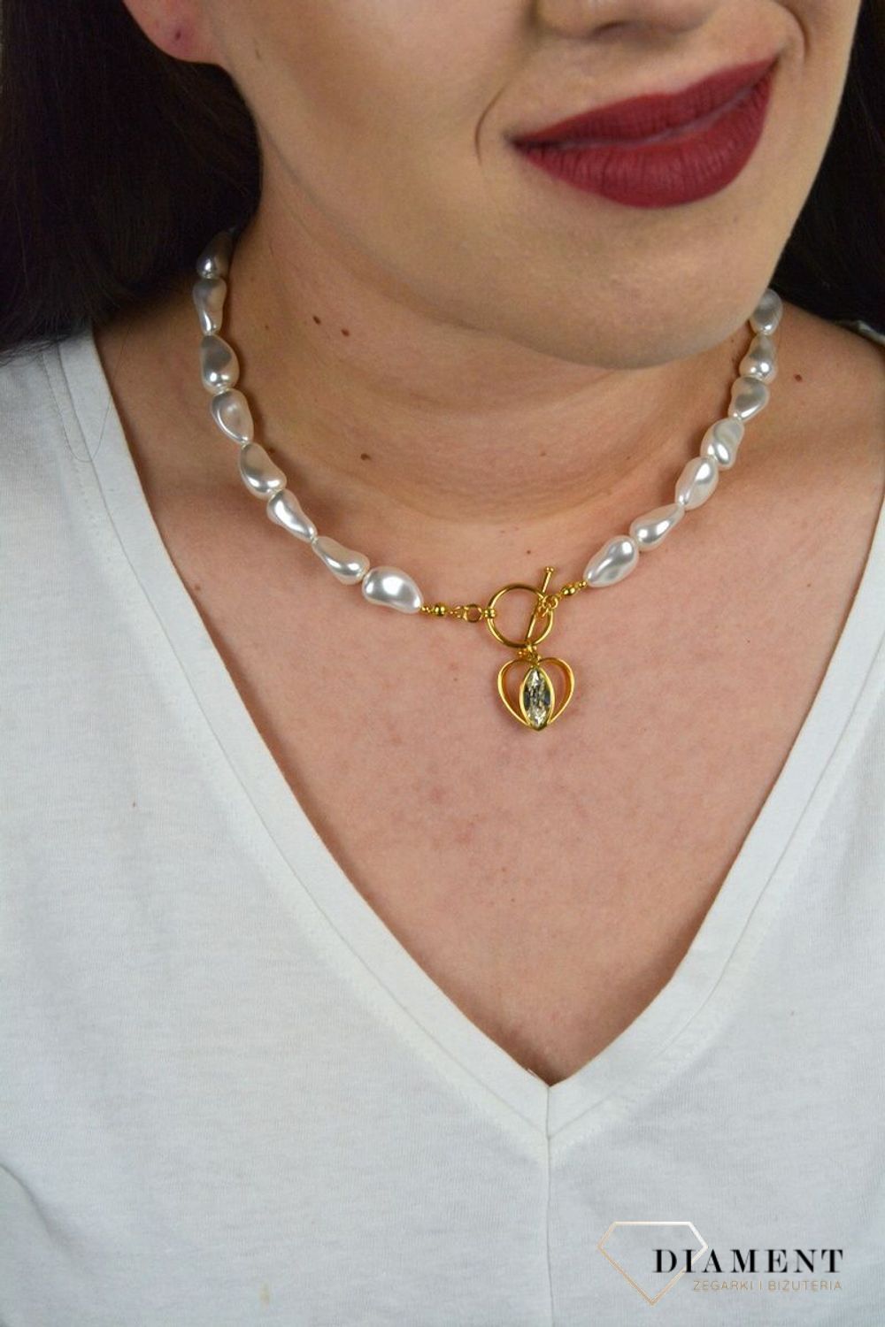 Naszyjnik Swarovski połączenie pereł ze złotem Modne zapięcie z zawieszką NDG42285843CW.jpg