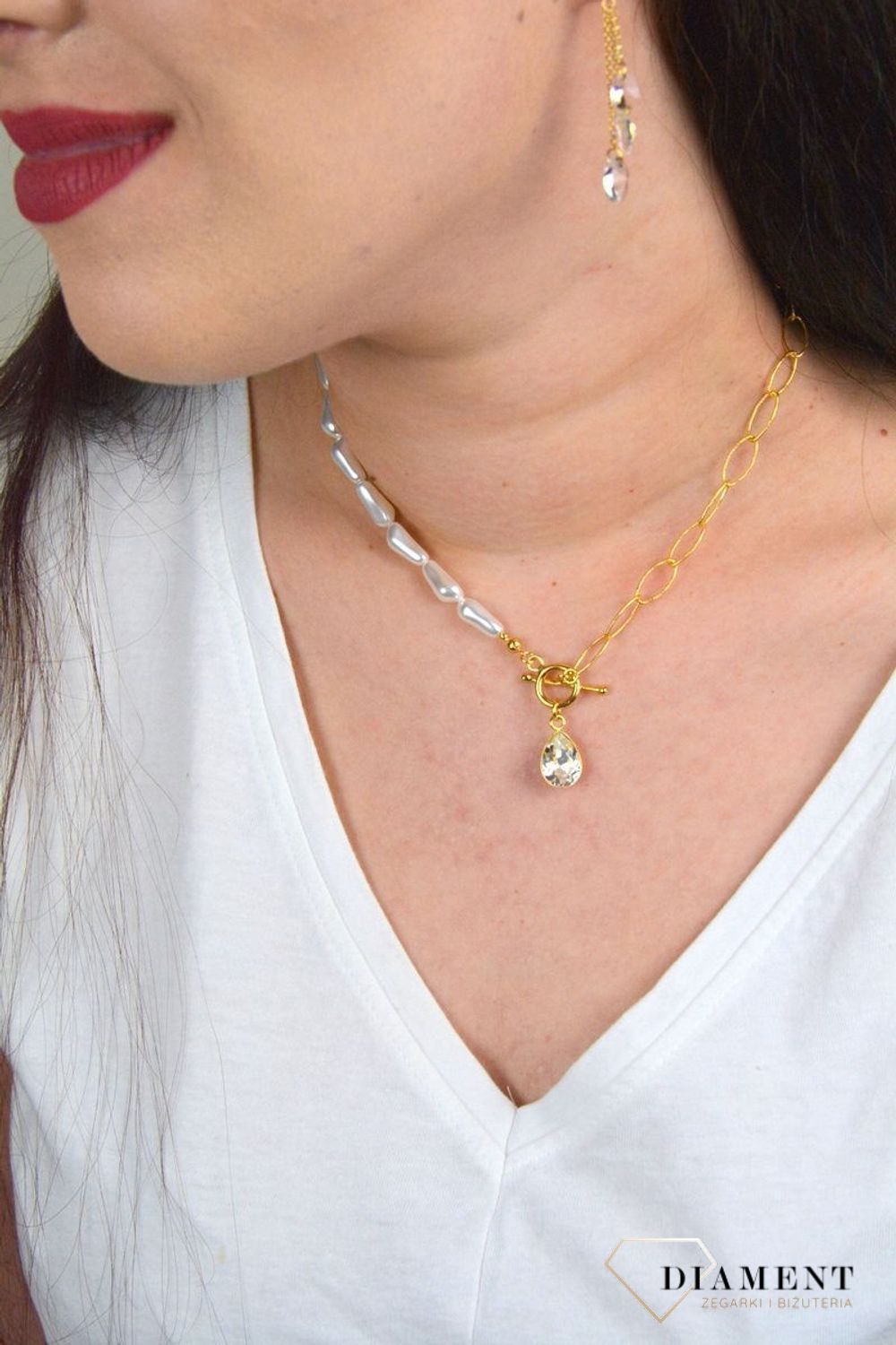 Srebrny naszyjnik Swarovski połączenie pereł ze złotem i kryształem Modne zapięcie NG43205844CW.jpg