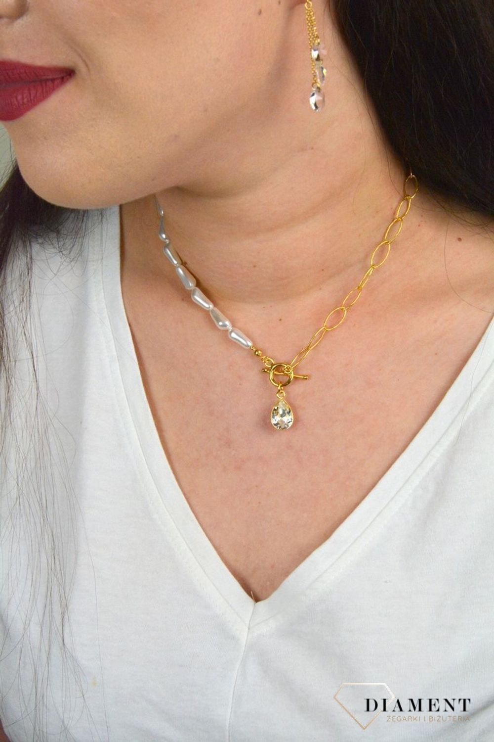 Srebrny naszyjnik Swarovski połączenie pereł ze złotem i kryształem Modne zapięcie NG43205844CW.jpg