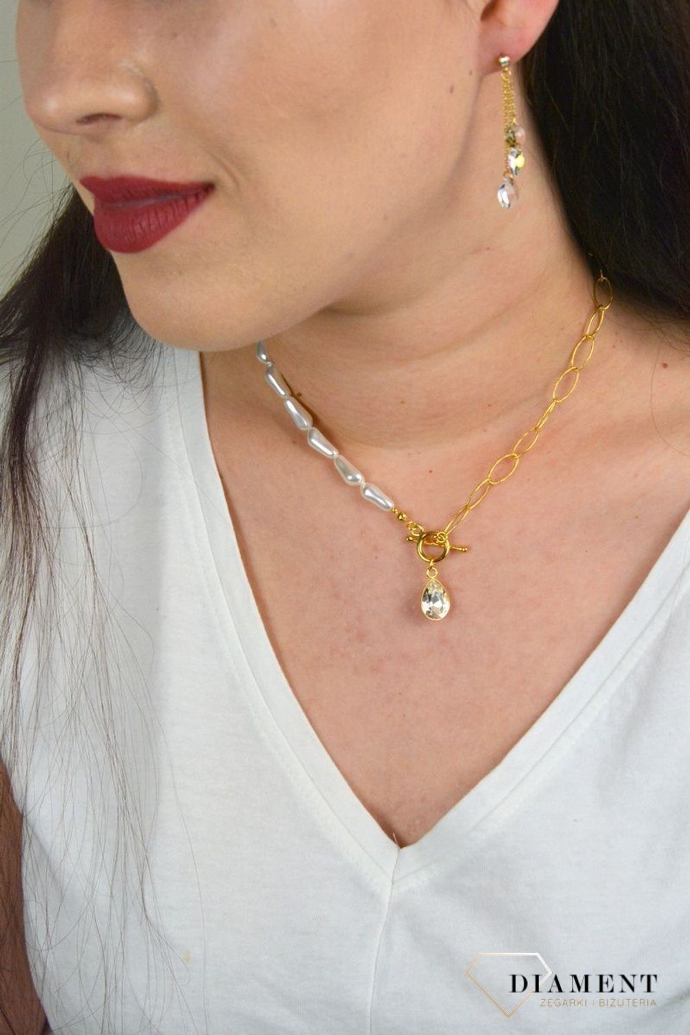 Srebrny naszyjnik Swarovski połączenie pereł ze złotem i kryształem Modne zapięcie NG43205844CW.jpg