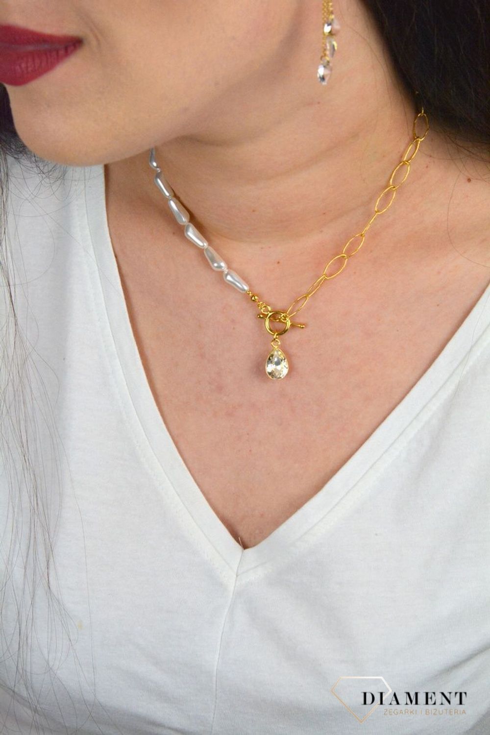 Srebrny naszyjnik Swarovski połączenie pereł ze złotem i kryształem Modne zapięcie NG43205844CW.jpg