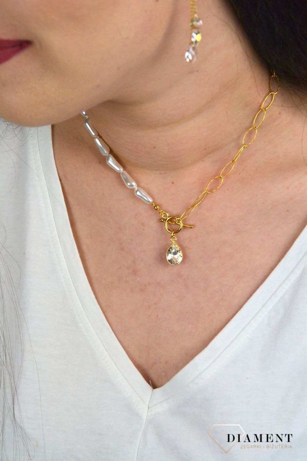 Srebrny naszyjnik Swarovski połączenie pereł ze złotem i kryształem Modne zapięcie NG43205844CW.jpg