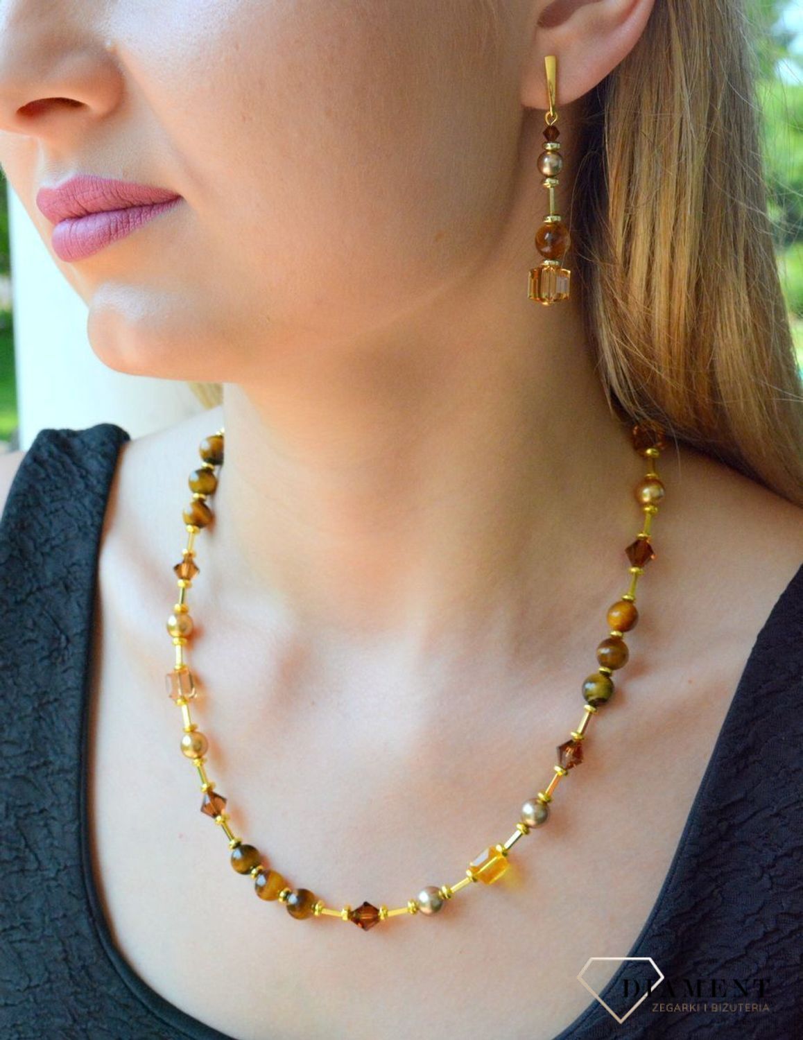 Naszyjnik damski pozłacany Swarovski z kryształkami, perłą i kamieniami naturalnymi NG56018TOLCT.jpg