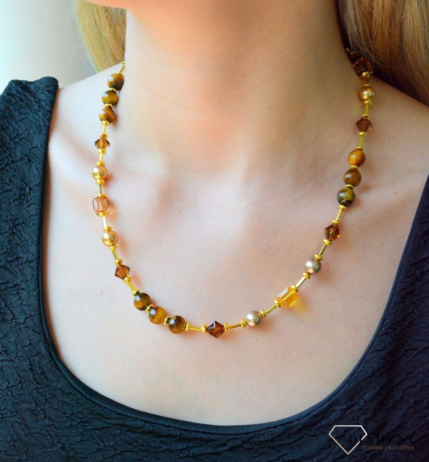 Naszyjnik damski pozłacany Swarovski z kryształkami, perłą i kamieniami naturalnymi NG56018TOLCT.jpg