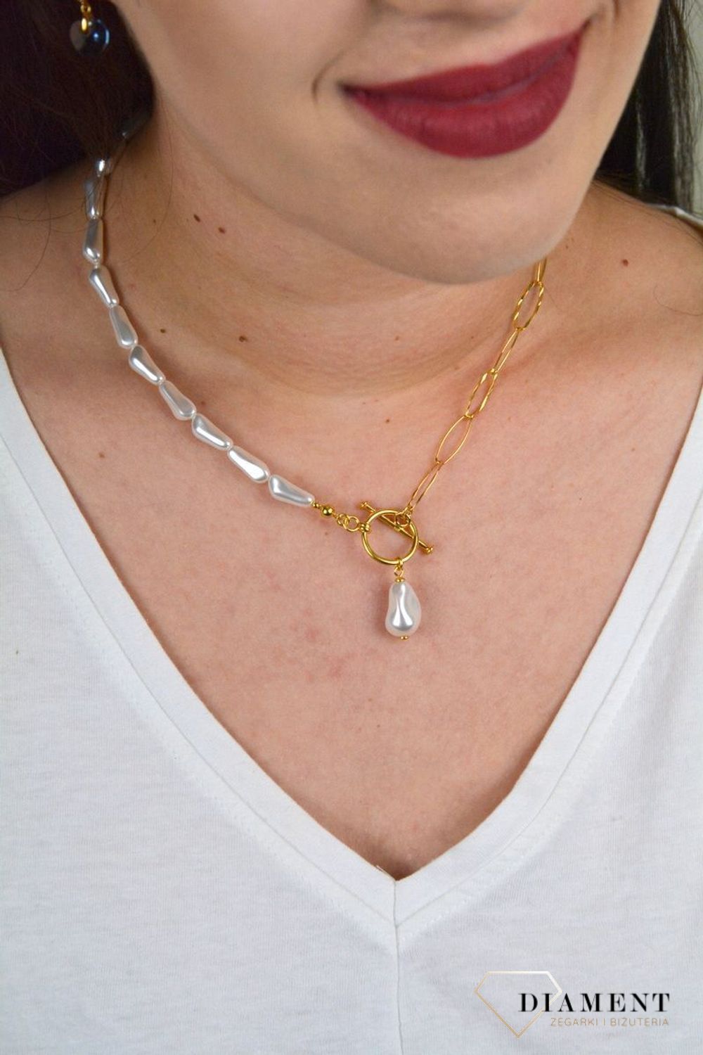 Naszyjnik Swarovski połączenie pereł ze złotem Modne zapięcie NG58435844W.jpg