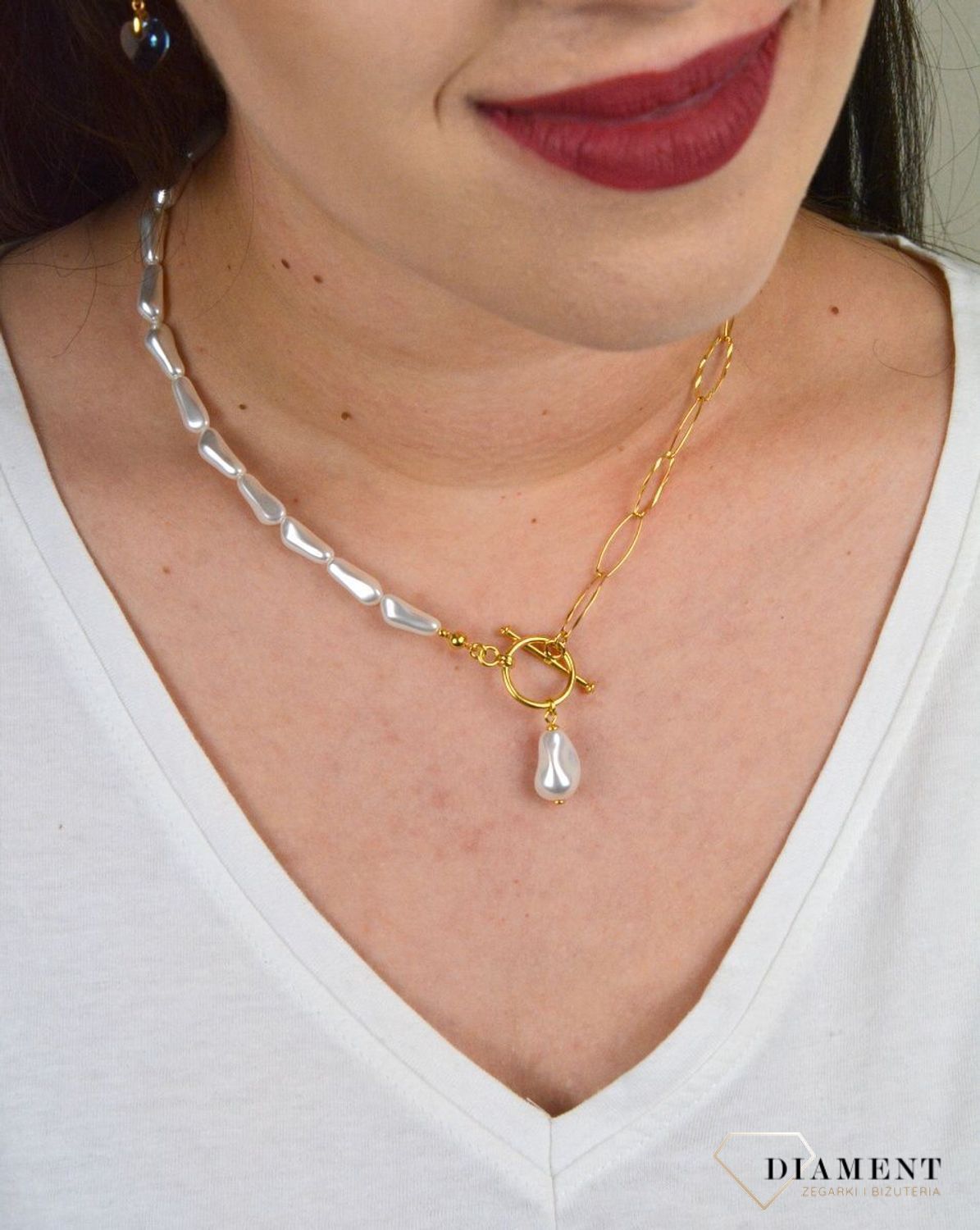 Naszyjnik Swarovski połączenie pereł ze złotem Modne zapięcie NG58435844W.jpg