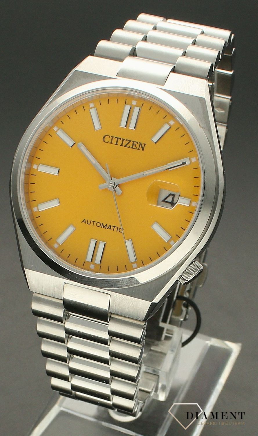 Zegarek męski Citizen Tsuyosa Yellow Automatic Classic Sapphire NJ0150-81Z. Męski zegarek automatyczny. Zegarek męski automatyczny na bransolecie. Męski zegarek z pomarańczową tarczą. Zegarek męski Citizen z datownikiem. Zegarek męski automatyc.jpg