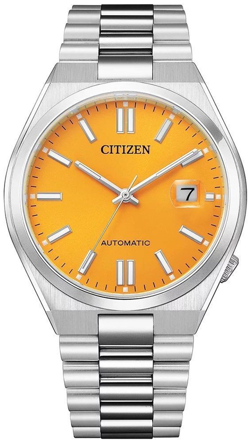 Zegarek męski Citizen Tsuyosa Yellow Automatic Classic Sapphire NJ0150-81Z. Męski zegarek automatyczny. Zegarek męski automatyczny na bransolecie. Męski zegarek z pomarańczową tarczą. Zegarek męski Citizen z datownikiem. Zegarek męski automatyc.jpg