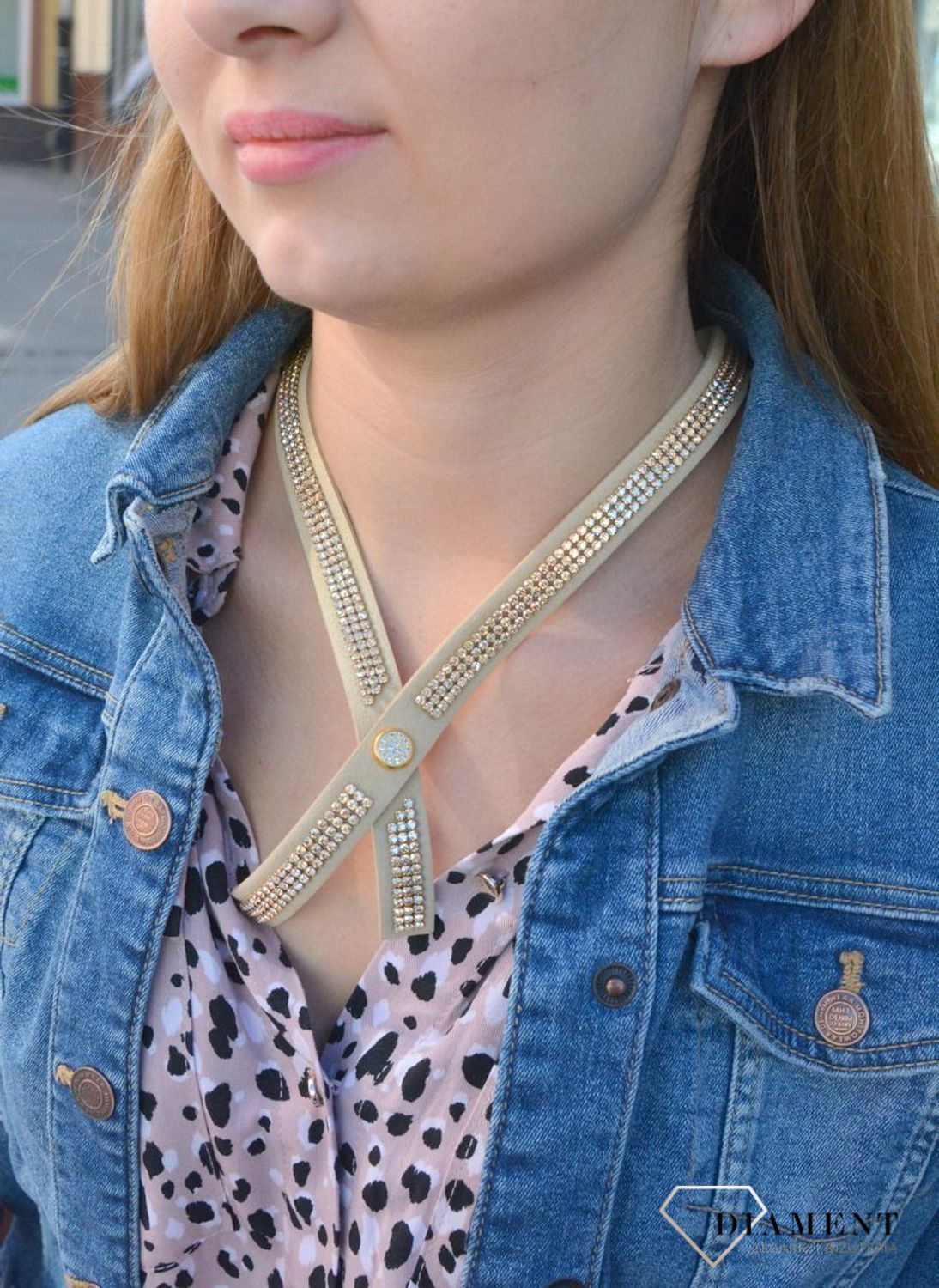 Naszyjnik choker Swarovski z kryształkami w kolorze Braid Beige NMESH3BEGS.jpg