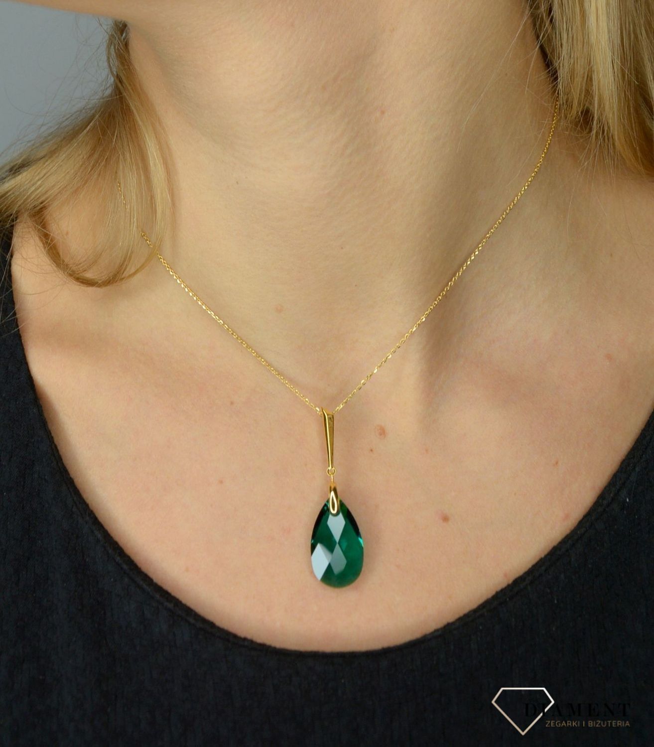 Naszyjnik pokryty złotem Swarovski zielony kryształ. Naszyjnik srebrny 'Bogata kobieta' prezent dla mamy..jpg