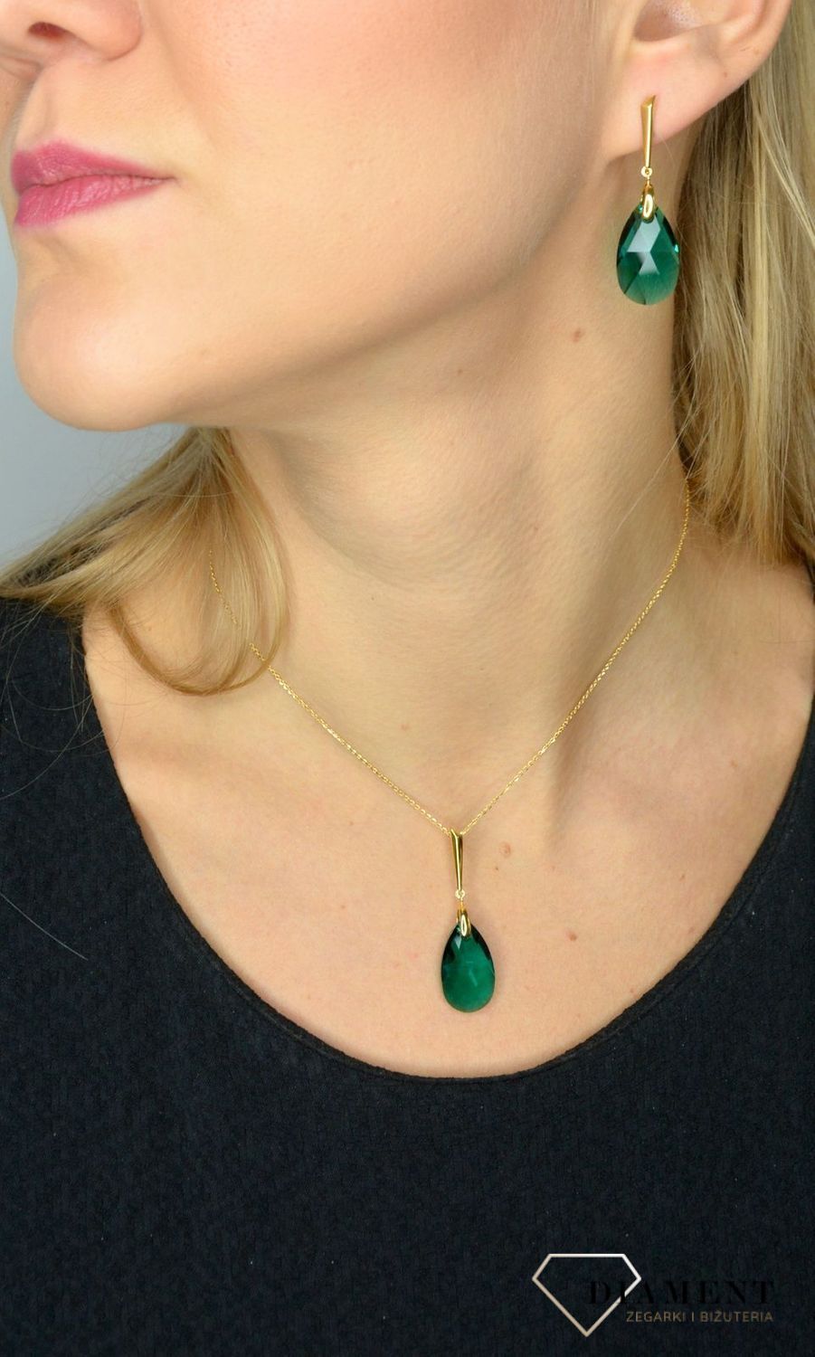 Naszyjnik pokryty złotem Swarovski zielony kryształ. Naszyjnik srebrny 'Bogata kobieta' prezent dla mamy..jpg