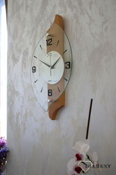 Zegar ścienny drewniany ze szkłem JVD jasne drewno NS18007.68 ✅ Nowoczesny zegar ścienny do salonu JVD wykonany ze szkła oraz dodatku drewnianych elementów (1).JPG