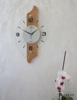 Zegar ścienny drewniany ze szkłem JVD jasne drewno NS18007.68 ✅ Nowoczesny zegar ścienny do salonu JVD wykonany ze szkła oraz dodatku drewnianych elementów (3).JPG