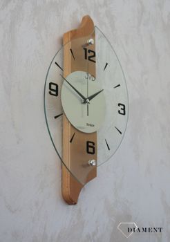 Zegar ścienny drewniany ze szkłem JVD jasne drewno NS18007.68 ✅ Nowoczesny zegar ścienny do salonu JVD wykonany ze szkła oraz dodatku drewnianych elementów (4).JPG
