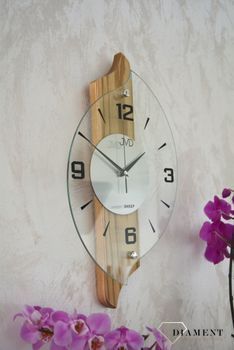 Zegar ścienny JVD jasny dąb NS18007.78 ✅ Nowoczesny zegar ścienny do salonu JVD wykonany ze szkła oraz dodatku drewnianych elementów.  (2).JPG
