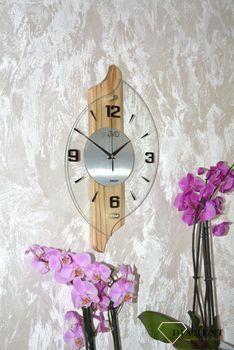 Zegar ścienny JVD jasny dąb NS18007.78 ✅ Nowoczesny zegar ścienny do salonu JVD wykonany ze szkła oraz dodatku drewnianych elementów.  (3).JPG