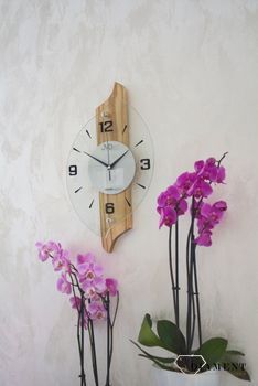 Zegar ścienny JVD jasny dąb NS18007.78 ✅ Nowoczesny zegar ścienny do salonu JVD wykonany ze szkła oraz dodatku drewnianych elementów.  (7).JPG