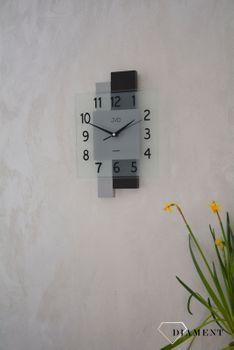 Nowoczesny zegar ścienny w kwadratowej obudowie ze szkłem JVD NS19042.1. Nowoczesny zegar w kwadratowej obudowie ze szkłem z dodatkiem drewna. Nowoczesny zegar na ścianę (1).JPG