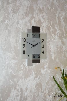 Nowoczesny zegar ścienny w kwadratowej obudowie ze szkłem JVD NS19042.1. Nowoczesny zegar w kwadratowej obudowie ze szkłem z dodatkiem drewna. Nowoczesny zegar na ścianę (10).JPG