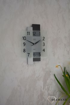 Nowoczesny zegar ścienny w kwadratowej obudowie ze szkłem JVD NS19042.1. Nowoczesny zegar w kwadratowej obudowie ze szkłem z dodatkiem drewna. Nowoczesny zegar na ścianę (11).JPG