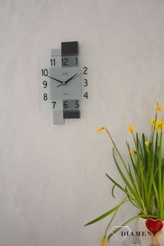 Nowoczesny zegar ścienny w kwadratowej obudowie ze szkłem JVD NS19042.1. Nowoczesny zegar w kwadratowej obudowie ze szkłem z dodatkiem drewna. Nowoczesny zegar na ścianę (4).JPG