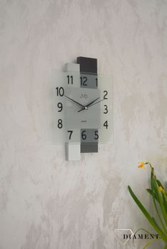 Nowoczesny zegar ścienny w kwadratowej obudowie ze szkłem JVD NS19042.1. Nowoczesny zegar w kwadratowej obudowie ze szkłem z dodatkiem drewna. Nowoczesny zegar na ścianę (8).JPG