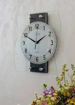 Ścienny zegar szklany z drewnem grafitowy NS21053.2 Nowoczesny zegar drewniany  ze srebrnymi cyframi. Zegary do nowoczesnego wnętrza.  (6).JPG