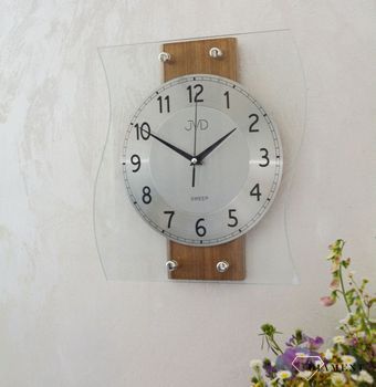 Ścienny zegar drewno szkło JVD NS21053.3 Nowoczesny zegar drewniany  ze srebrnymi cyframi. Zegary do nowoczesnego wnętrza. Zegary ścienne (1).JPG
