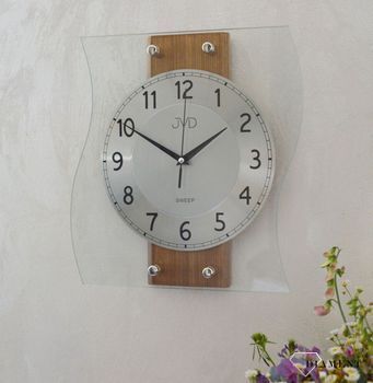 Ścienny zegar drewno szkło JVD NS21053.3 Nowoczesny zegar drewniany  ze srebrnymi cyframi. Zegary do nowoczesnego wnętrza. Zegary ścienne (2).JPG