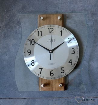 Ścienny zegar drewno szkło JVD NS21053.3 Nowoczesny zegar drewniany  ze srebrnymi cyframi. Zegary do nowoczesnego wnętrza. Zegary ścienne (5).JPG