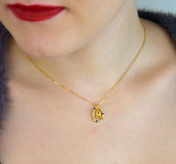 Elegancki naszyjnik damski srebrny pozłacany NSP6471-MZ 💎 łańcuszek ankier z owalną zawieszką i cyrkoniami z literką M. Srebro próby 925, długość 40 cm + 5 cm, zawieszka 1,7 x 1,2 cm, zapięcie karabińczyk. Personalizowana (4).JPG