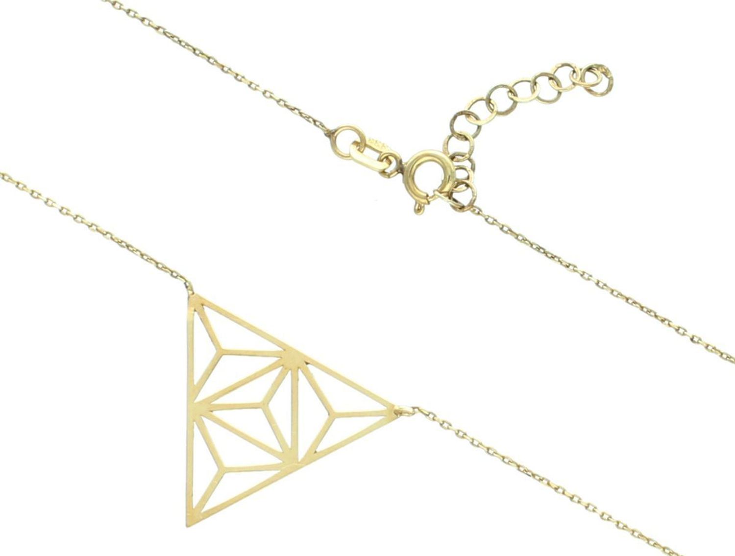 Złoty naszyjnik celebrytka z ażurowym trójkątem 333- NSZ-000000-004-333. Naszyjnik damski wykonany z żółtego złota o subtelnym wzorze. Damska złota biżuteria o formie  celebrytki łączącej 1.jpg