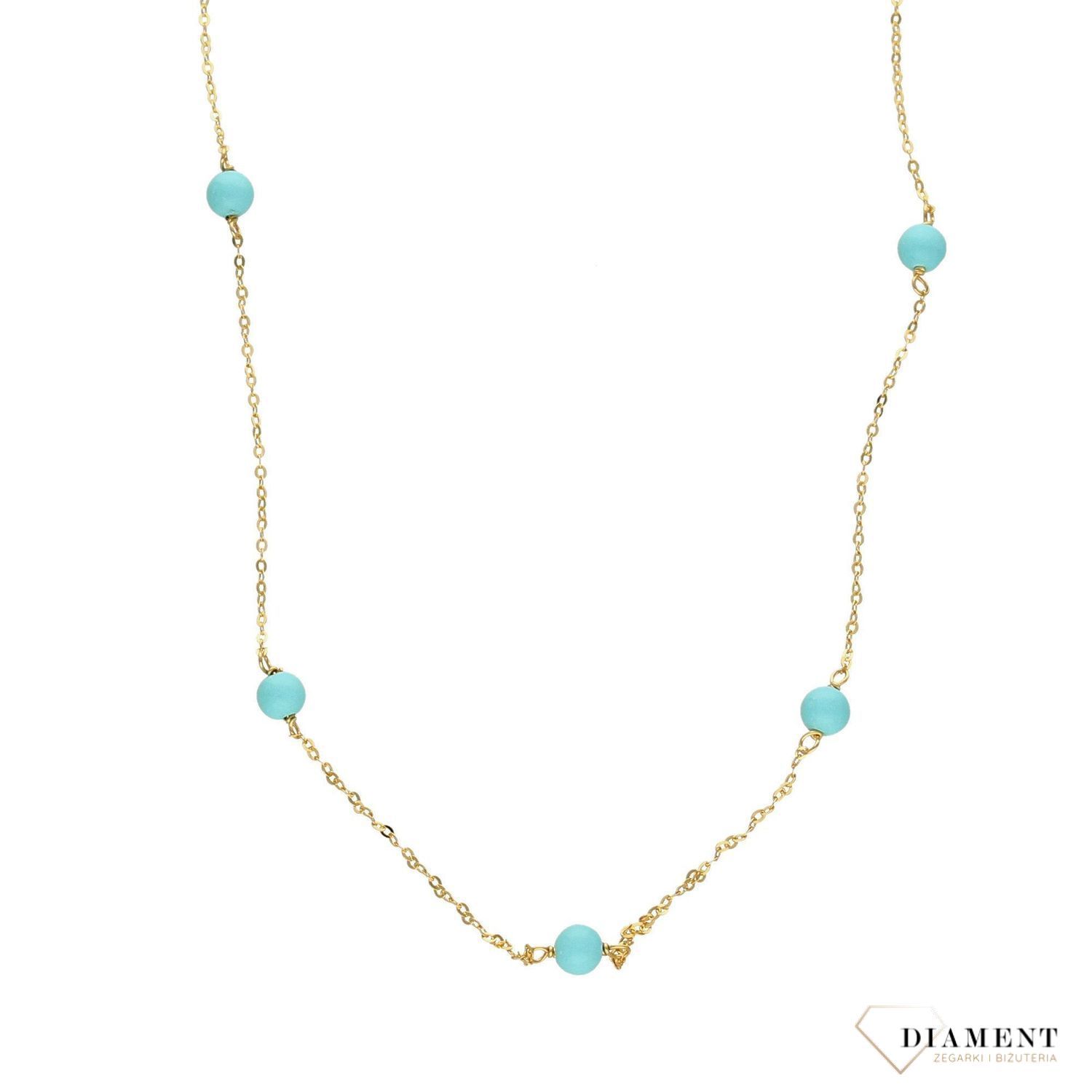 Złoty naszyjnik celebrytka z turkusowymi kulkami.jpg