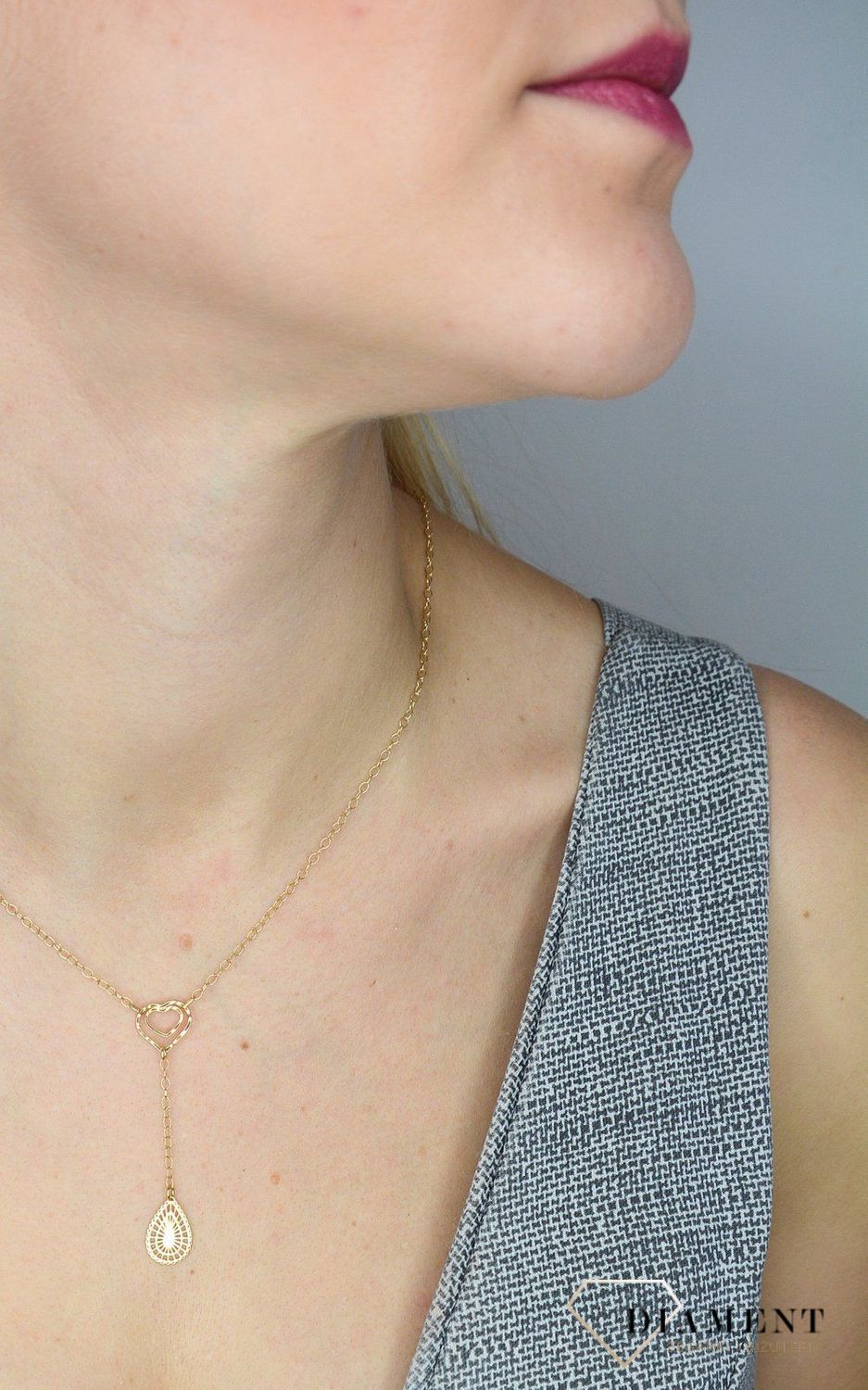 Naszyjnik złota celebrytka 585 krawatka serduszko z łezką. Prezentowany złoty naszyjnik damski  to doskonała propozycja dla kobiet, które cenią sobie efektowne i zarazem proste dodatki..jpg