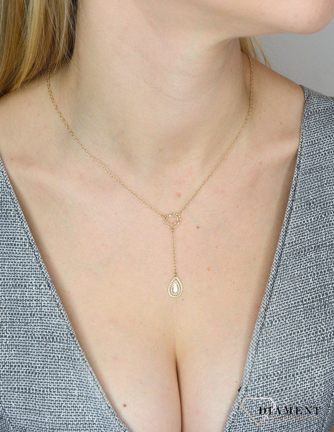 Naszyjnik złota celebrytka 585 krawatka serduszko z łezką. Prezentowany złoty naszyjnik damski  to doskonała propozycja dla kobiet, które cenią sobie efektowne i zarazem proste dodatki..jpg