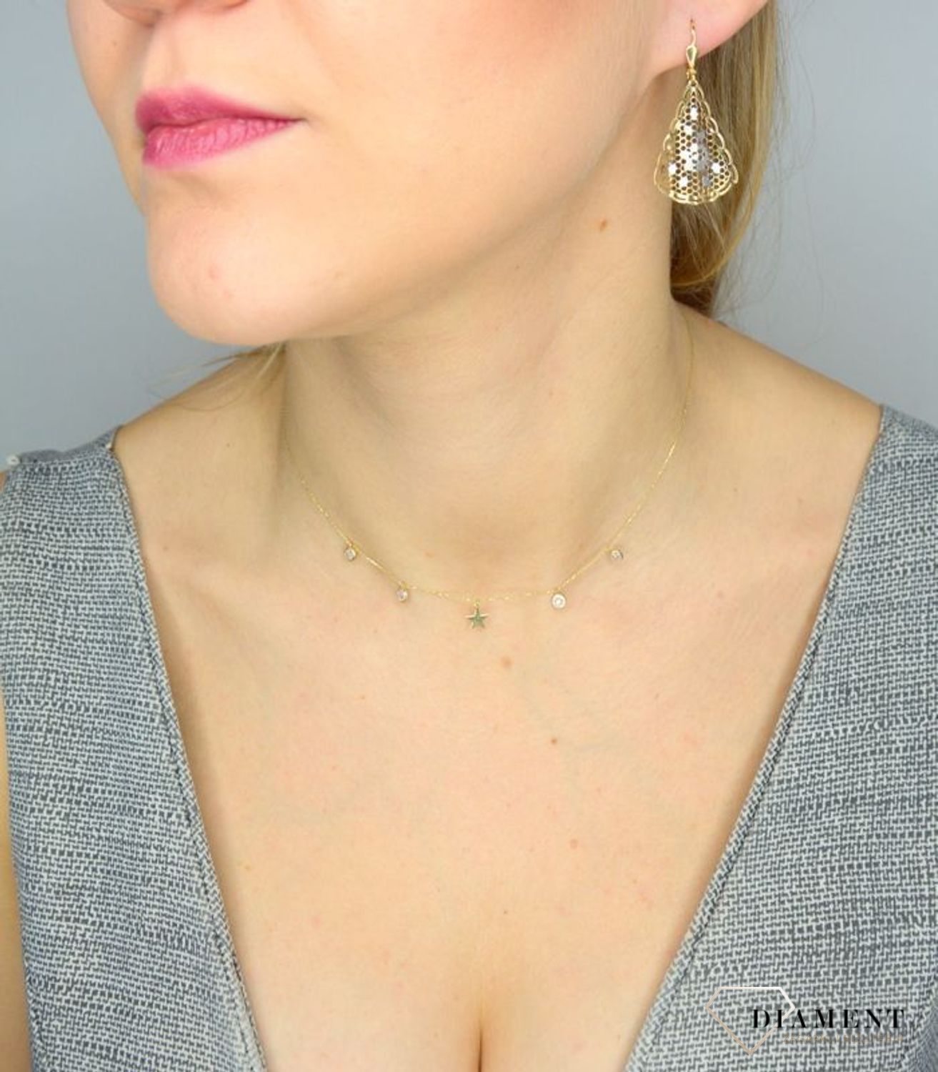 Naszyjnik złoty choker z gwiazdkami i cyrkoniami próby 585 NSZ-000000-063-585.jpg