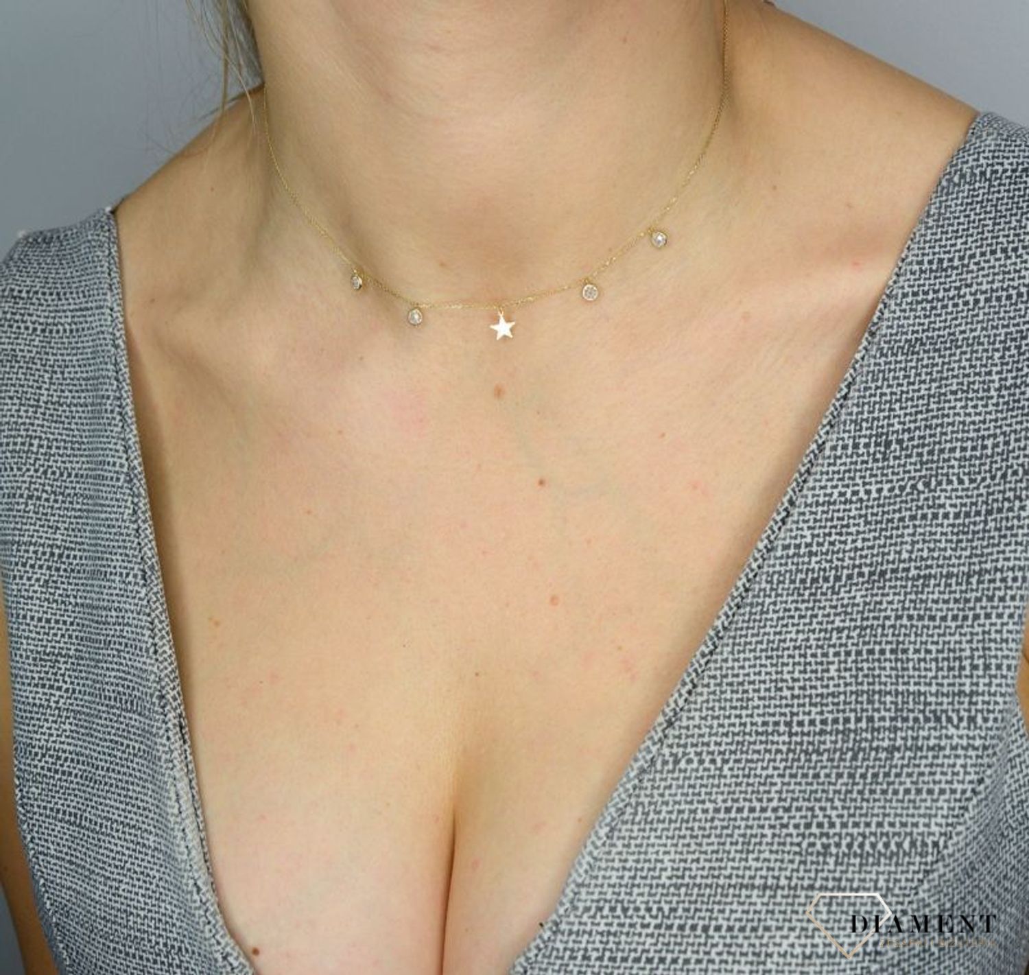 Naszyjnik złoty choker z gwiazdkami i cyrkoniami próby 585 NSZ-000000-063-585.jpg