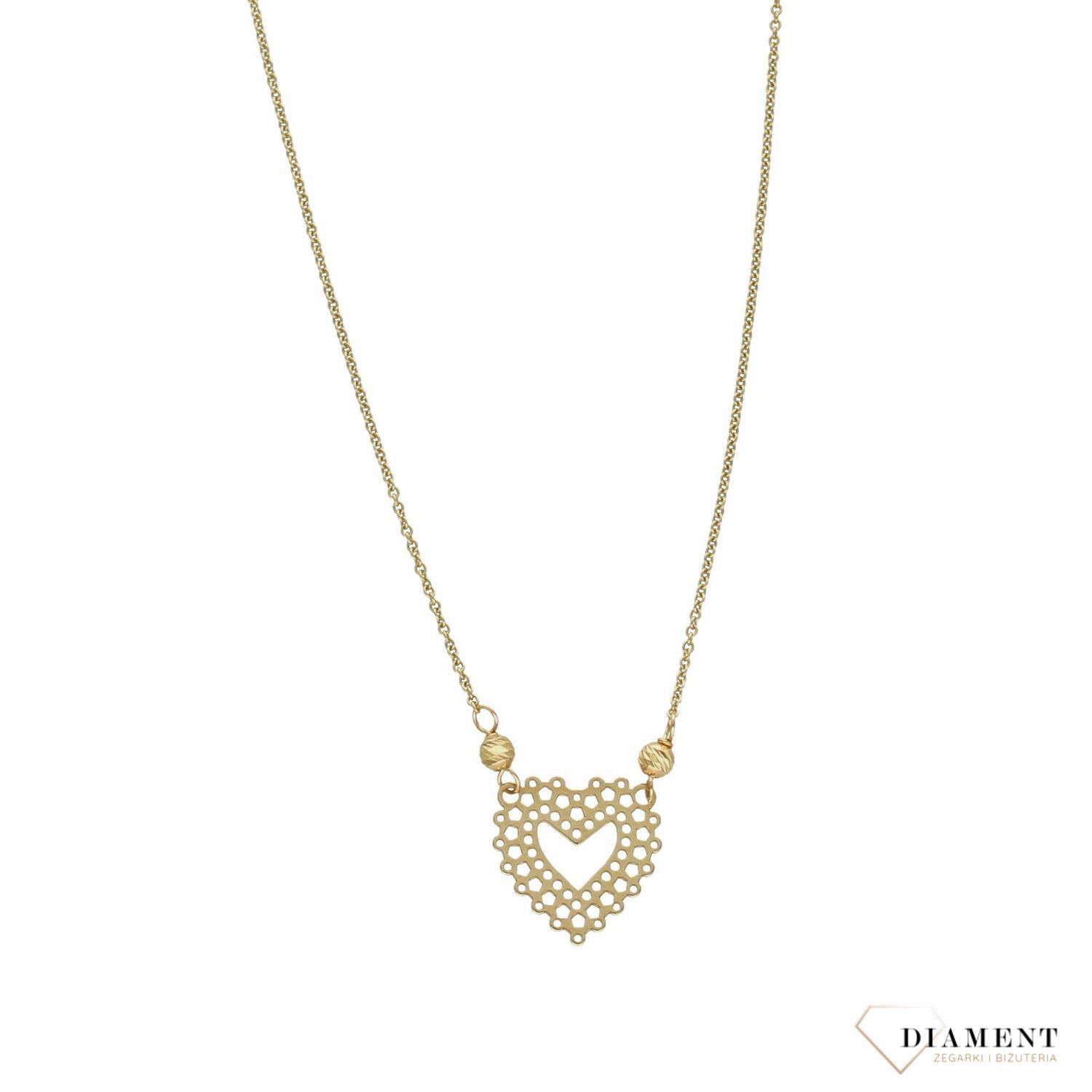 Złoty naszyjnik celebrytka 585 ażurowe serce z złotymi kuleczkami.jpg