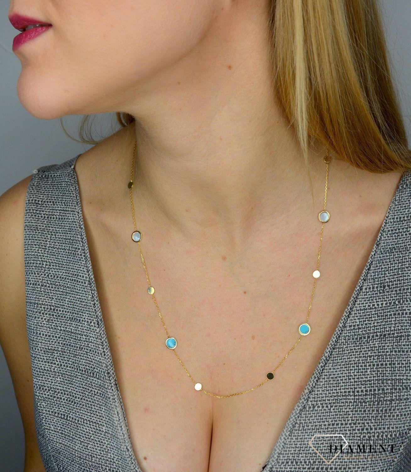 Naszyjnik złoty długi blaszki turkus i masa perłowa NSZ-000000-100-585.jpg