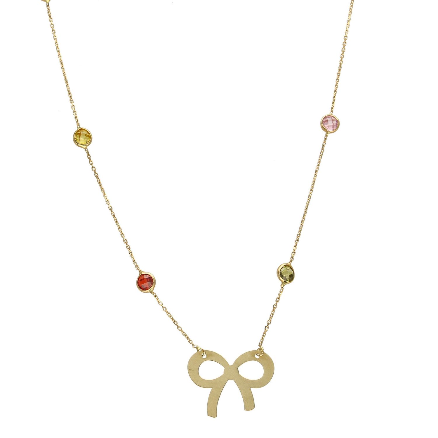 Naszyjnik złoty z kolorowymi cyrkoniami i kokardką NSZ-000000-115-585 Jest to idealny pomysł na prezent dla ukochanej, który został wykonany z wysokiej jakości 14-karatowego żółtego złota..jpg