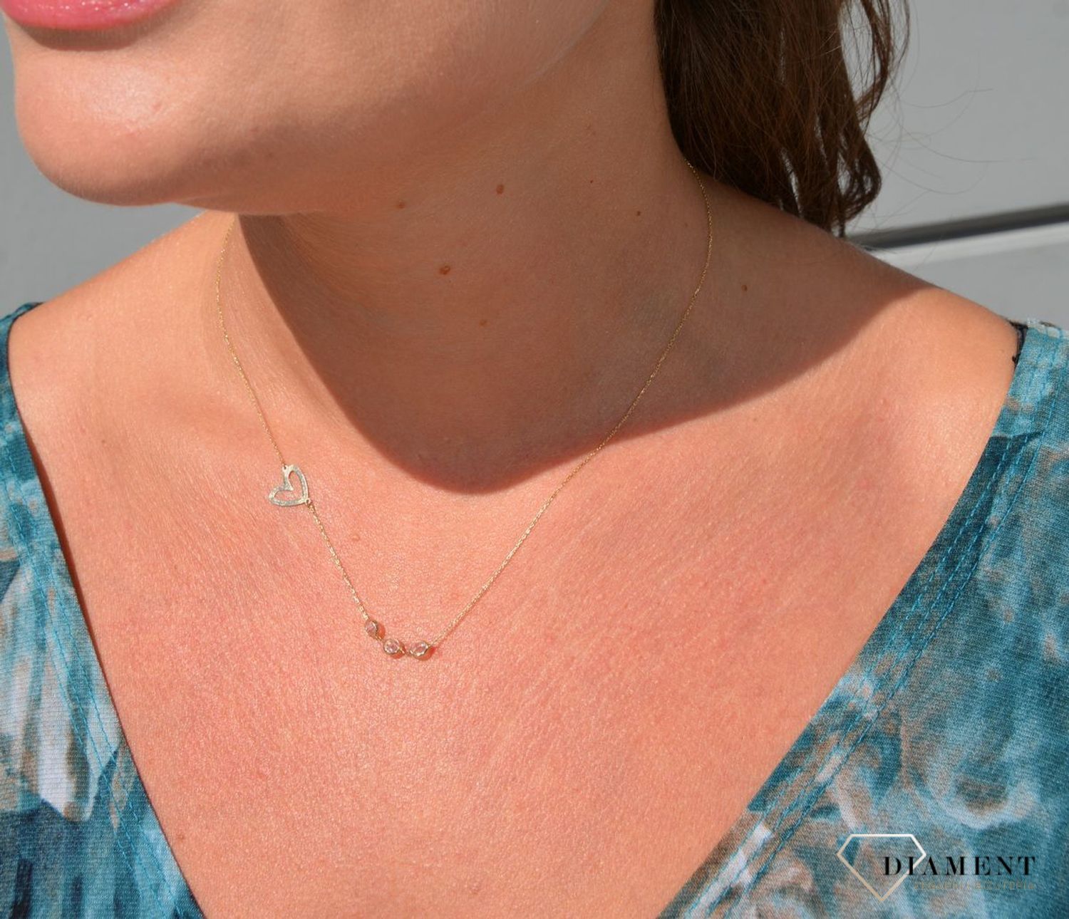 Złoty naszyjnik celebrytka 585 'biała cyrkonia i serce'.jpg