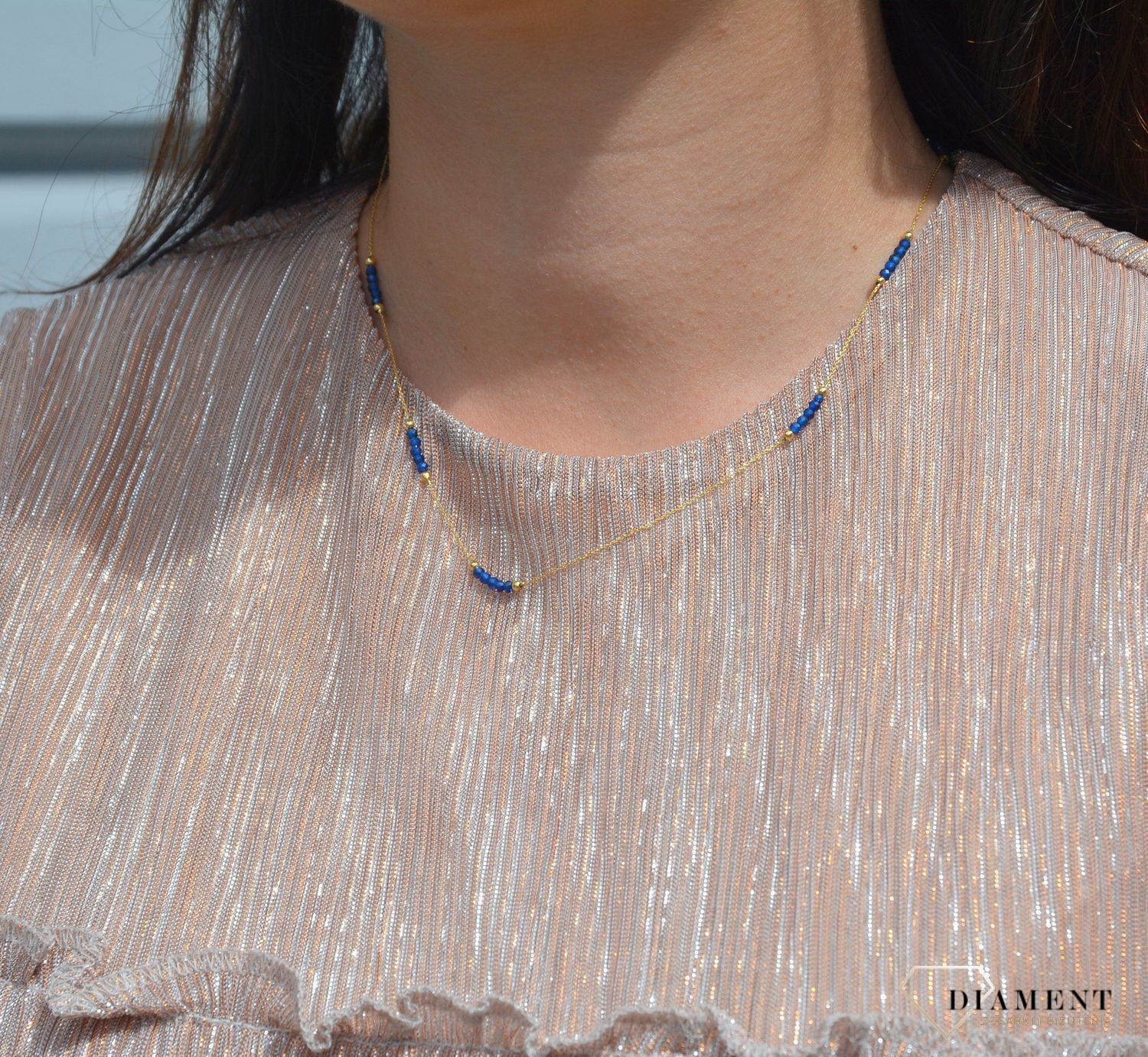 Naszyjnik złota celebrytka 585 niebieskie koraliki.jpg