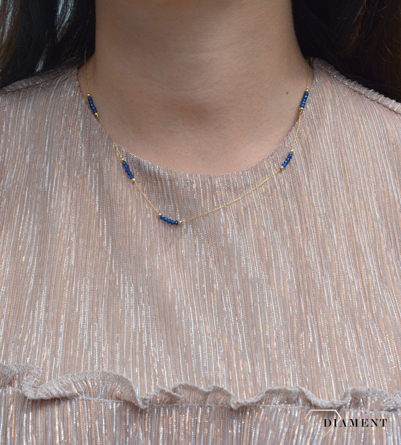 Naszyjnik złota celebrytka 585 niebieskie koraliki.jpg