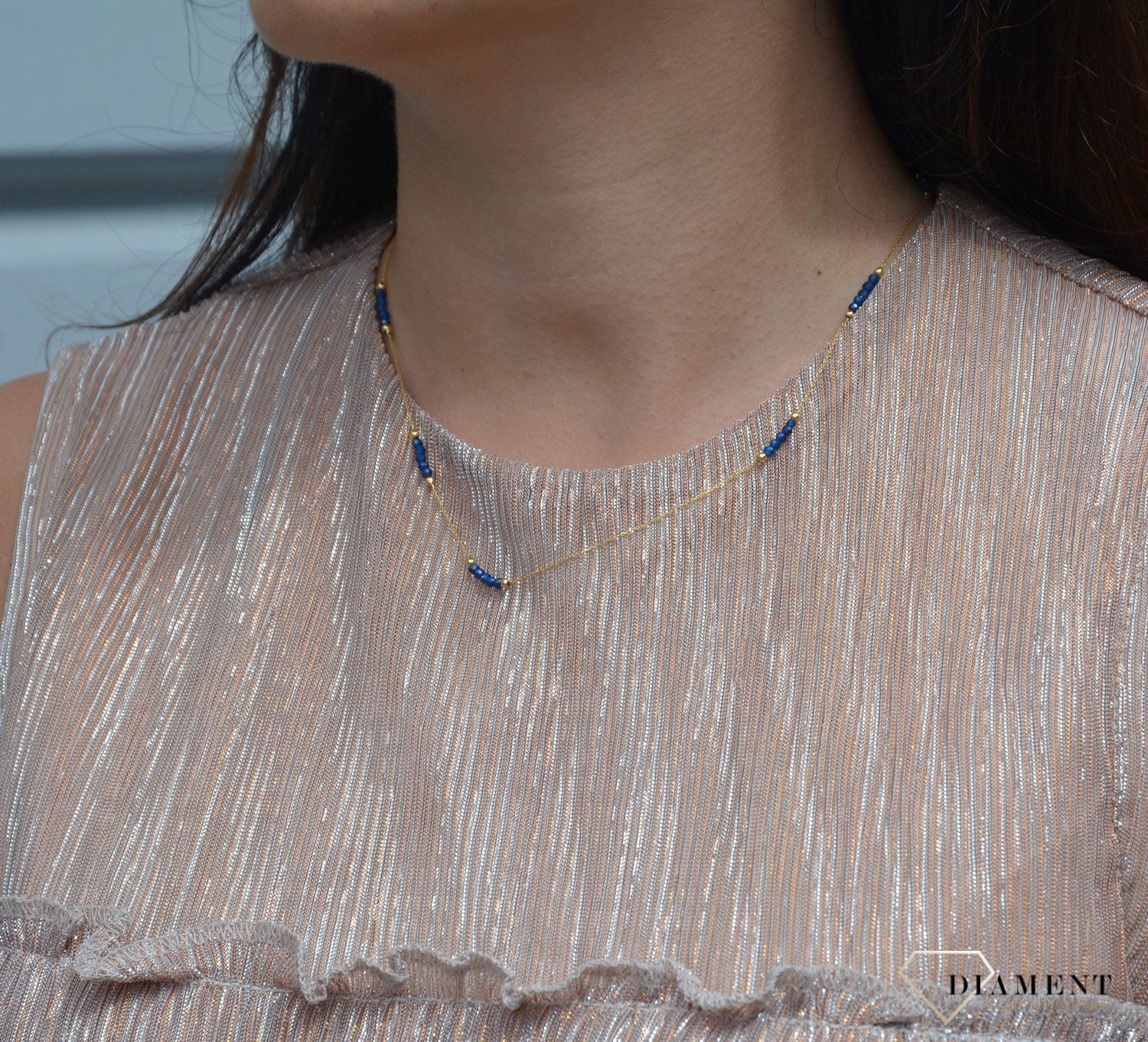 Naszyjnik złota celebrytka 585 niebieskie koraliki.jpg