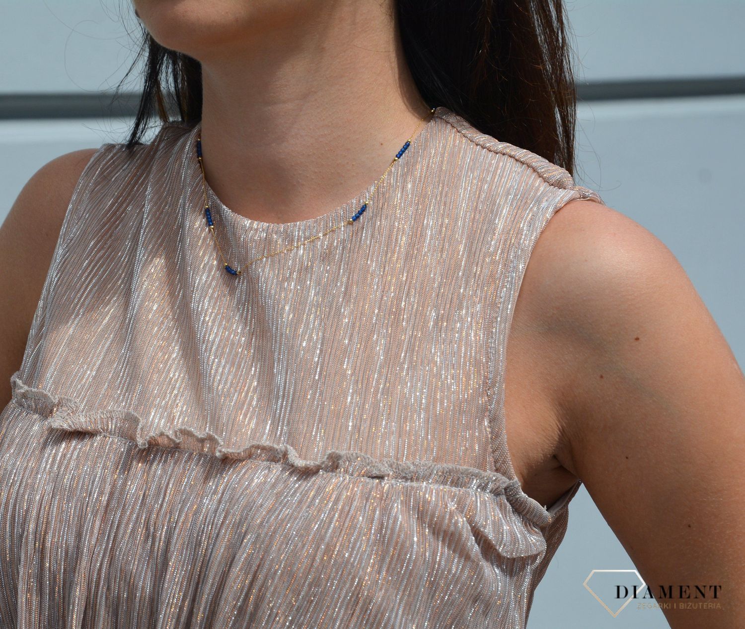 Naszyjnik złota celebrytka 585 niebieskie koraliki.jpg